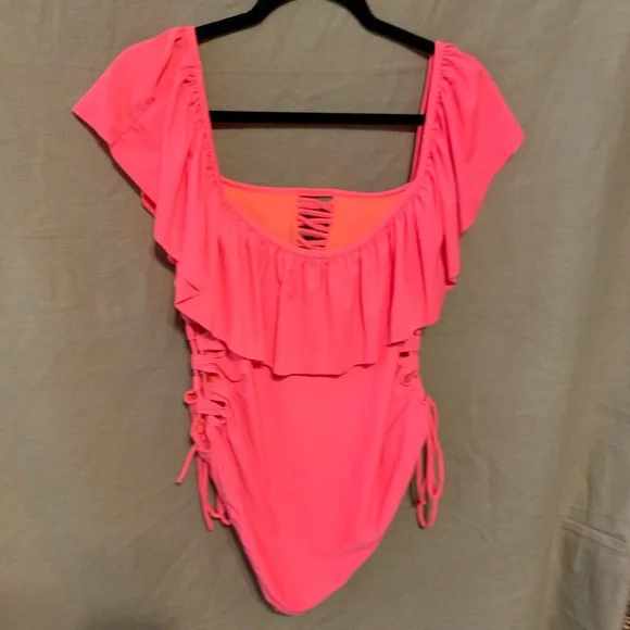 Sz 1X Coral Tropics Apollo coral pink one piece swimsuit - Picture 4 of 11